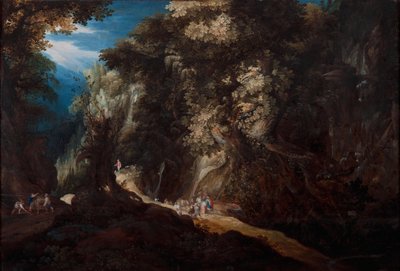 Bewaldete Berglandschaft mit Wasserfall und Reisenden von Gijsbrecht Leytens